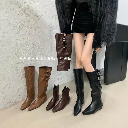 长靴女尖头内增高皮带扣骑士靴