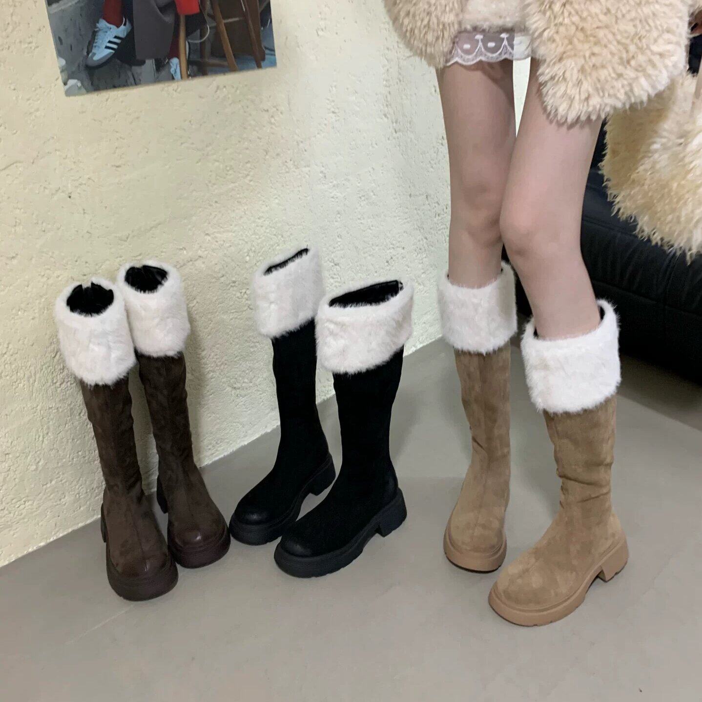 ALILOVERS 2025年秋冬新款加绒保暖雪地靴女厚底毛绒不过膝长筒靴