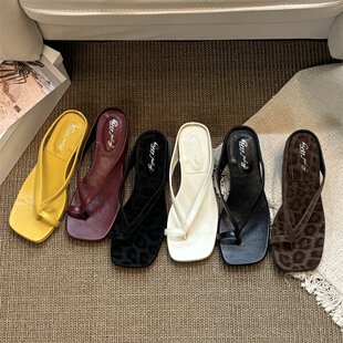 6CM~黑色法式外穿夹脚趾凉鞋女夏季新款不累脚夹细带人字拖