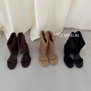 女气质坡跟一字带露趾时尚 罗马凉鞋 百搭堆堆靴 韩版 2026年春夏新款