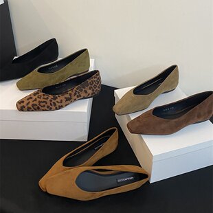 女鞋 复古黑色通勤船鞋 子2025新款 法式 夏季 内增高方头绒面豹纹单鞋