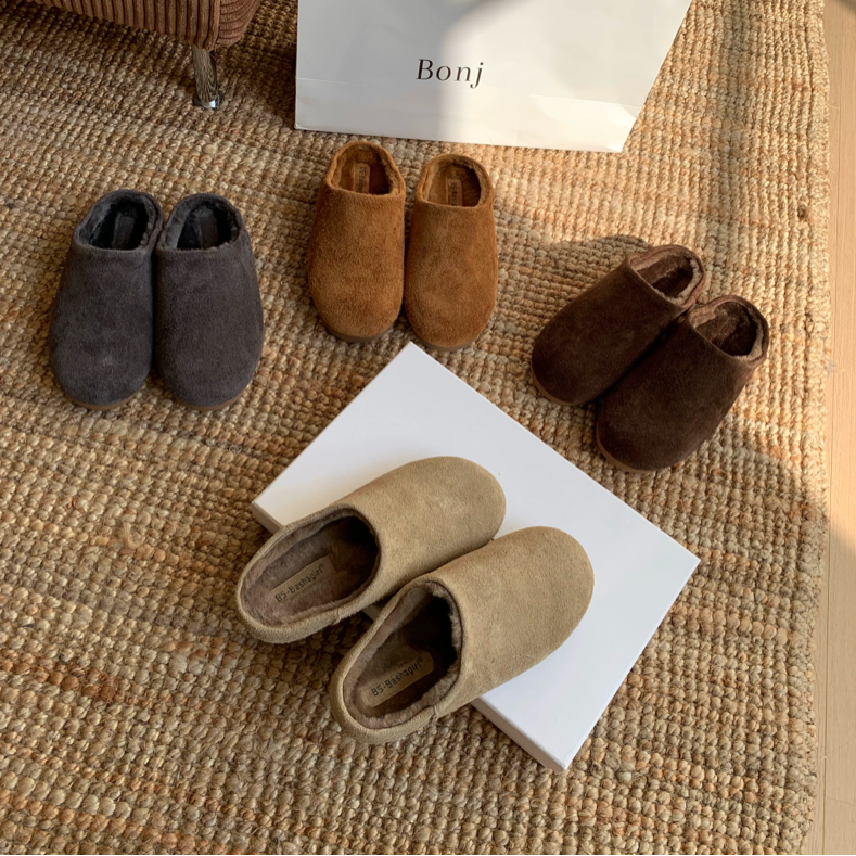 Bashagirl 复古风真皮懒人包头半拖鞋2025冬季新款保暖棉鞋博肯鞋