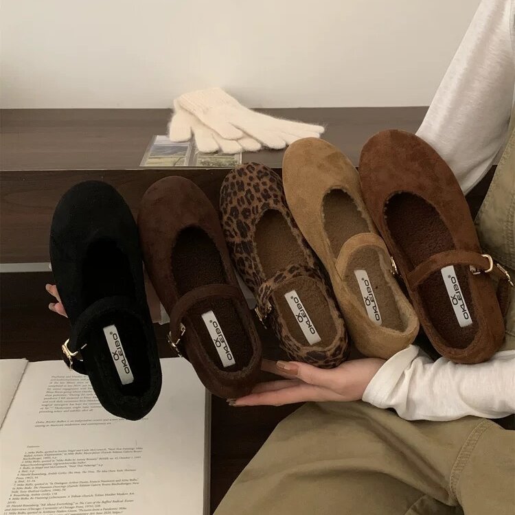 OKLEIBO秋冬新款加绒玛丽珍鞋女平底圆头一字扣带浅口豹纹单鞋女