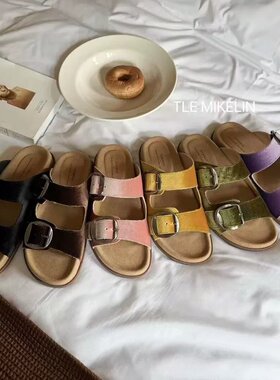 TLEMIKELIN韩版丝绒皮带扣厚底勃肯凉拖鞋女夏百搭防滑沙滩一字拖