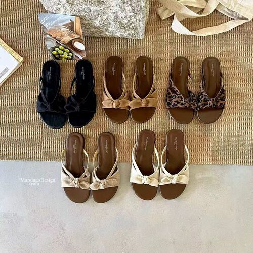 Mandago芒大果 复古小众亚麻蝴蝶结一字拖鞋女夏气质露趾罗马凉拖