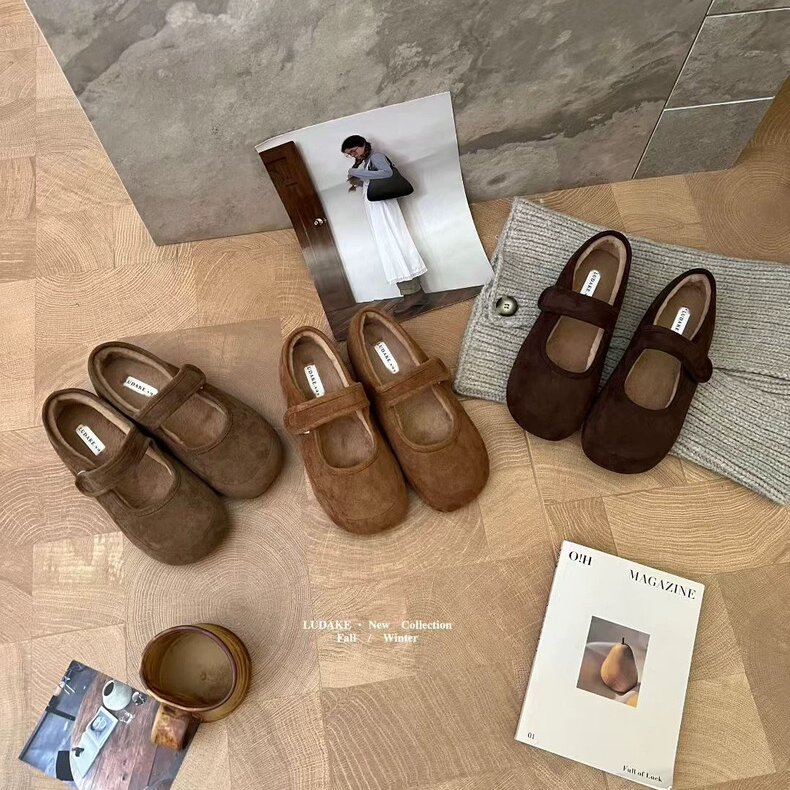 LUDAKE鹿大可 暖乎乎～复古少女一字带加绒玛丽珍鞋冬季保暖单鞋