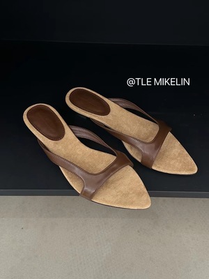 法式设计感尖头露趾低跟拖鞋复古