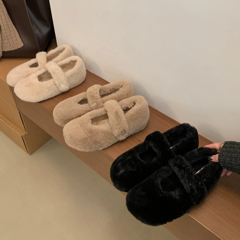 UNIDSN 仙女风温柔一字带毛毛鞋女冬加绒玛丽珍单鞋秋冬保暖棉鞋