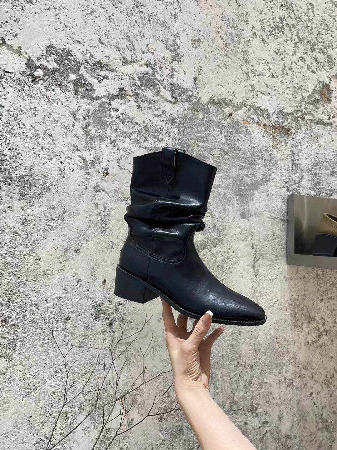 MIDIG YONEMACHI 레트로 누벅 가죽 라운드 투 두꺼운 힐 웨스턴 카우보이 부츠 가죽 슬리브 슬림 플리츠 스택 부츠