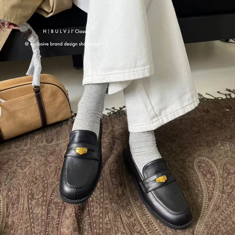 BULVJI复古麂皮小金币圆头一脚蹬乐福鞋秋冬加绒保暖通勤单鞋女
