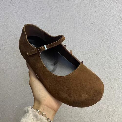 真皮圆头内增高一字带玛丽珍鞋