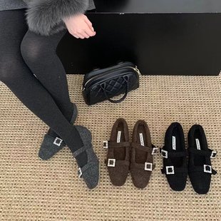 女外穿加绒浅口单鞋 San小香风方头水钻玛丽珍鞋 内增高 for Jonmei