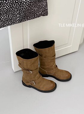 TLE MIKELN 欧美风棕色中筒时装靴女低跟圆头显瘦轻奢极简风靴子