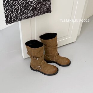 TLE MIKELN 欧美风棕色中筒时装靴女低跟圆头显瘦轻奢极简风靴子
