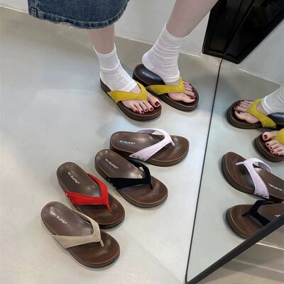 ALIGUIFEI复古厚底人字拖鞋女外穿真皮夹脚坡跟木底沙滩人字拖鞋