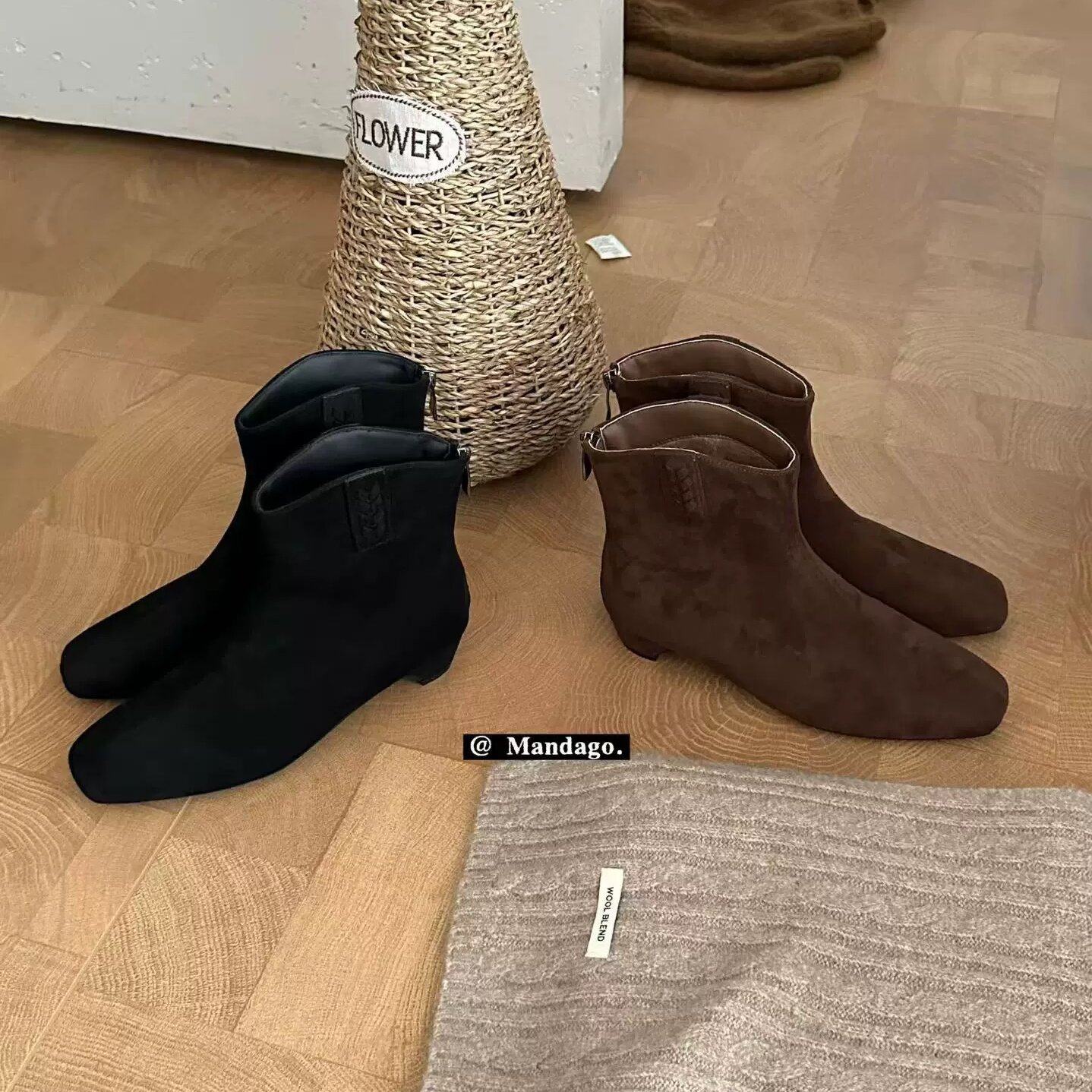 THE MANDAGO 韩系方头绒面西部牛仔靴女2025新款复古加绒保暖短靴,女鞋,时装靴,淘宝优惠券,粉丝福利购,淘宝优惠卷