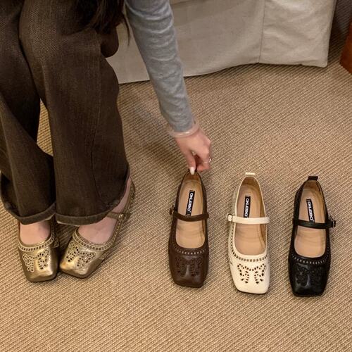 Okleibo 法式复古风方头一字带玛丽珍鞋女夏平底镂空软底单鞋时尚