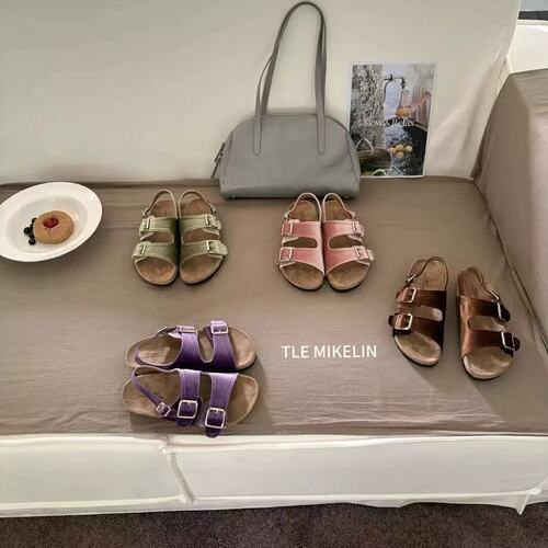 TLEMIKELIN韩版小众丝绒皮带扣厚底勃肯凉鞋女夏休闲百搭度假凉拖