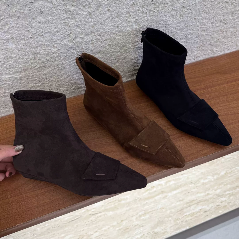 梦梦家 168-5 25秋冬新款法式赫本风短靴复古弹力受瘦靴坡跟靴子