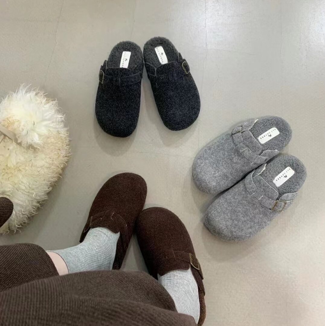 厚底百搭勃肯拖鞋女包头毛毡绒面