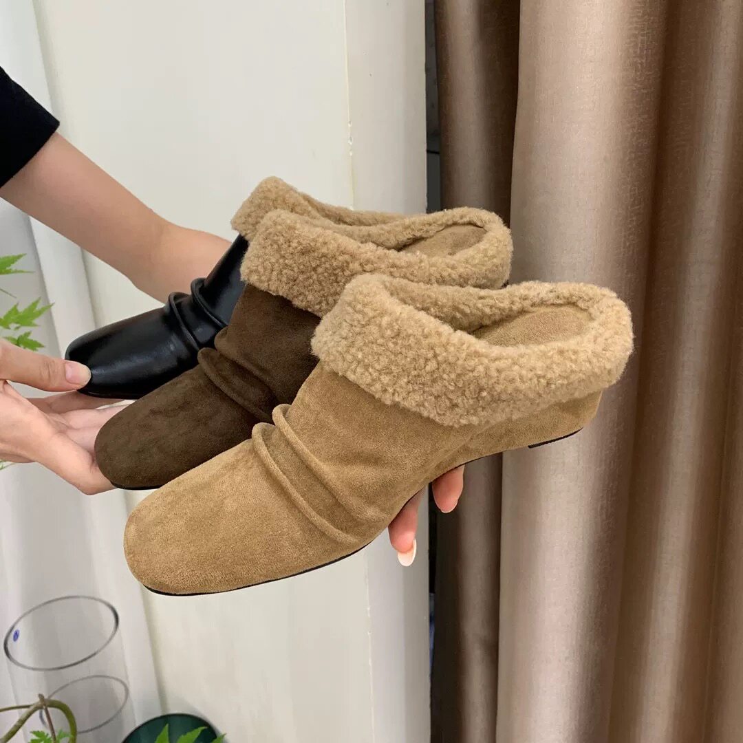 THE MANDAGO 韩式芭蕾舞鞋女秋冬加绒方头包头内增高软底毛毛鞋