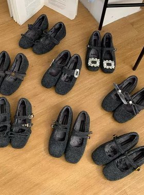 Ve&La 韩系内增高玛丽珍毛毛鞋女冬新款灰色呢子单鞋女加绒保暖鞋