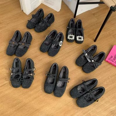 Ve&La 韩系内增高玛丽珍毛毛鞋女冬新款灰色呢子单鞋女加绒保暖鞋