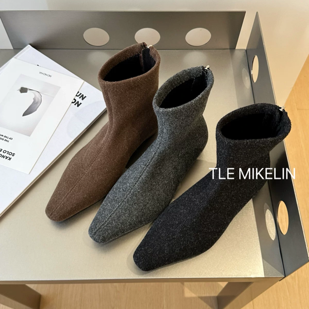 TLE MIKELIN 法式短筒瘦瘦靴女2025秋冬新款时尚后拉链绒面及踝靴