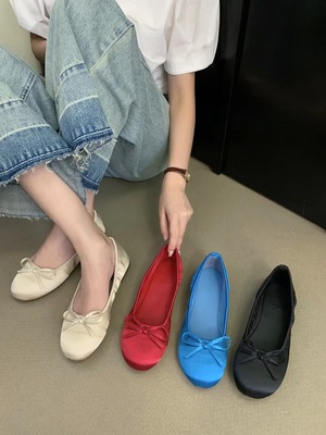 法式蝴蝶结圆头芭蕾舞单鞋女小蓝