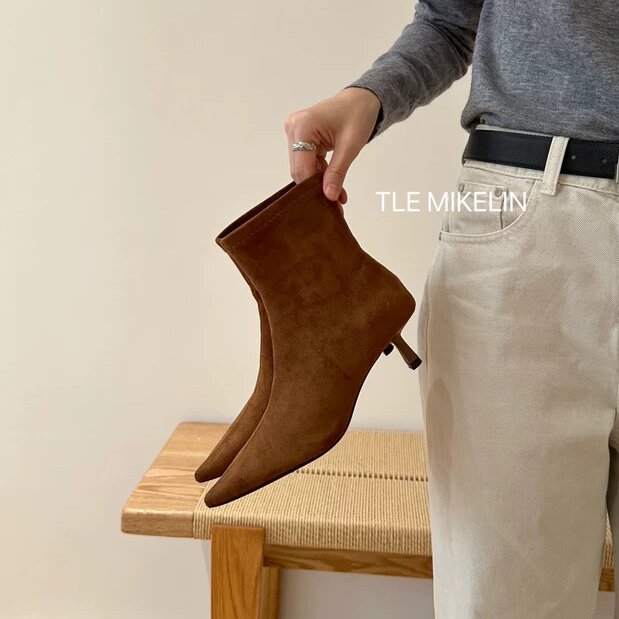 TLE MIKELIN 法式时尚尖头瘦瘦靴女2025秋冬新款气质细跟短筒踝靴