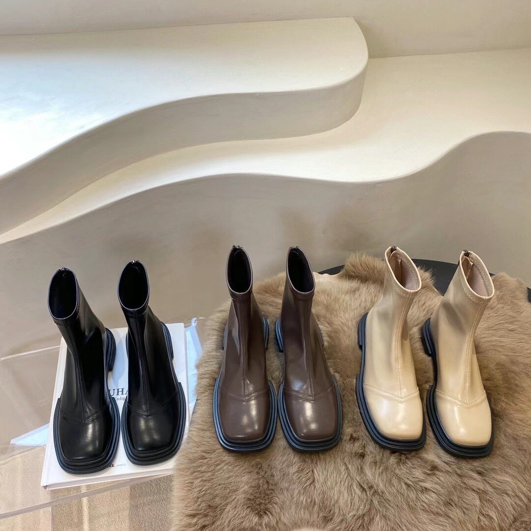 方头厚底短筒靴女粗跟瘦瘦靴