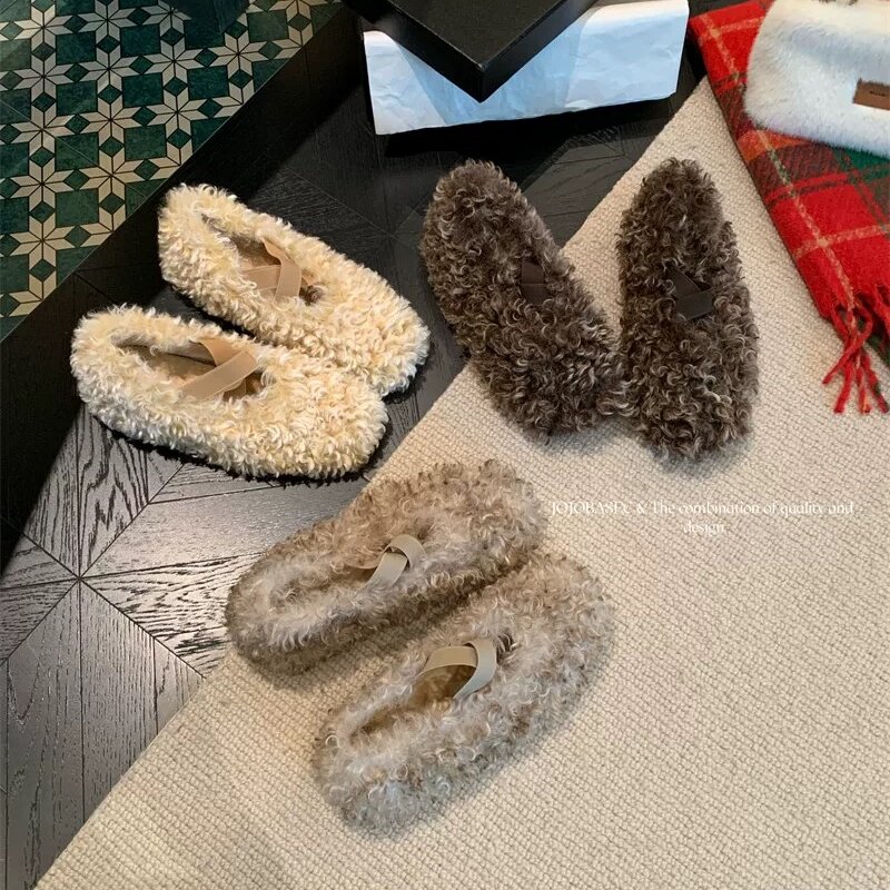JOJOBASEC羊毛卷松紧带玛丽珍鞋女2025冬加绒保暖蝴蝶结单鞋