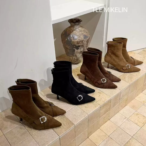 TLEMIKELIN法式气质绒面尖头皮带扣高跟瘦瘦靴细跟显瘦短靴时装靴