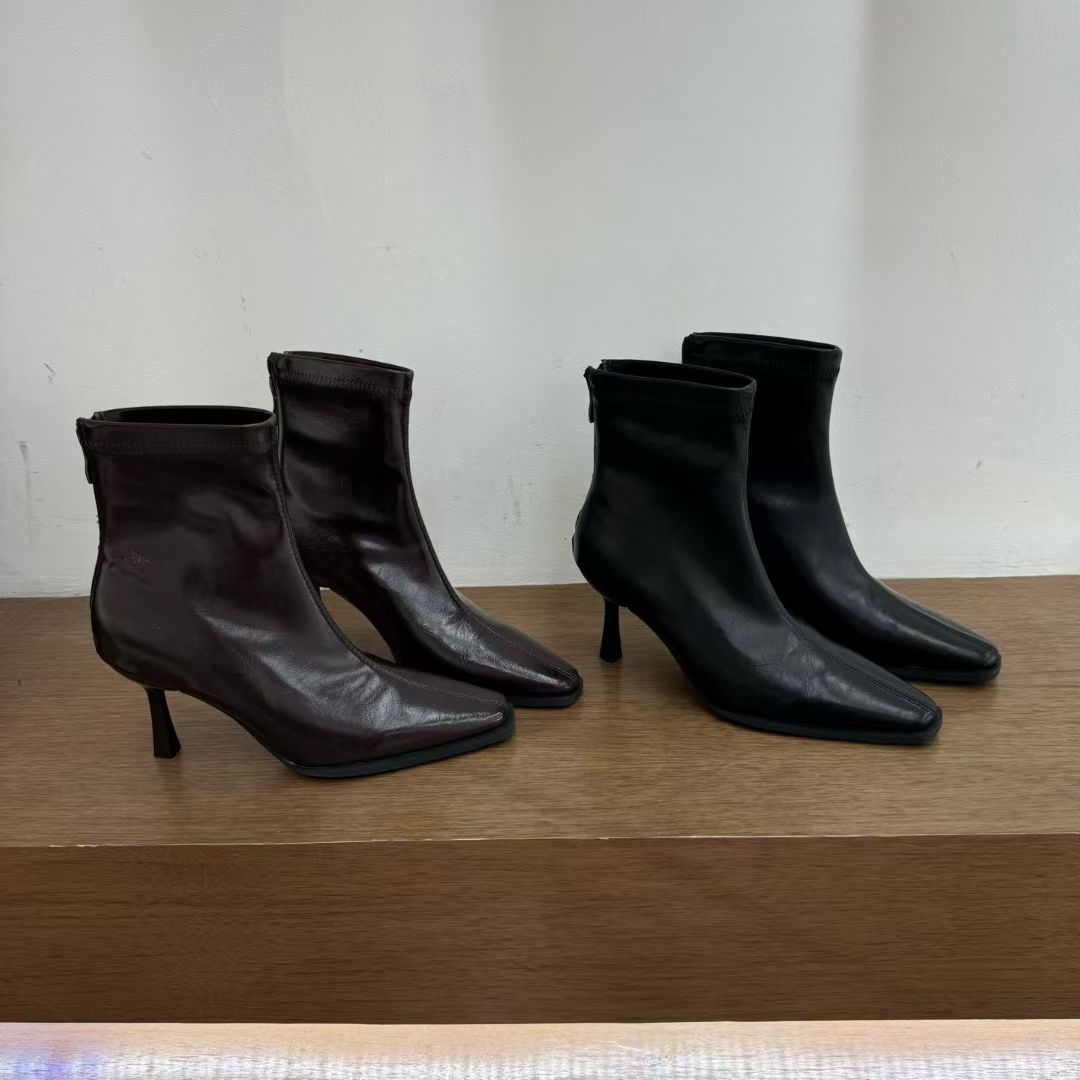 NAIJIAOER2025新款尖头瘦瘦靴女细跟高跟短靴后拉链显瘦气质马丁