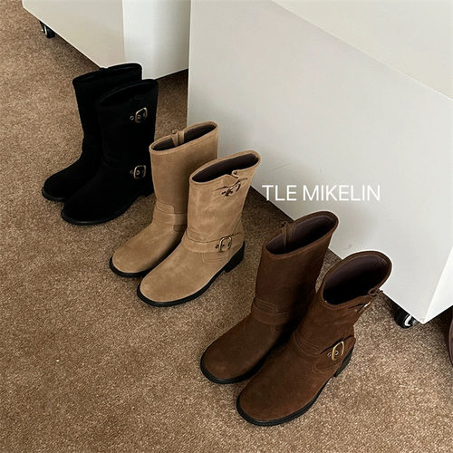 粗跟短靴复古麂皮绒西部牛仔靴