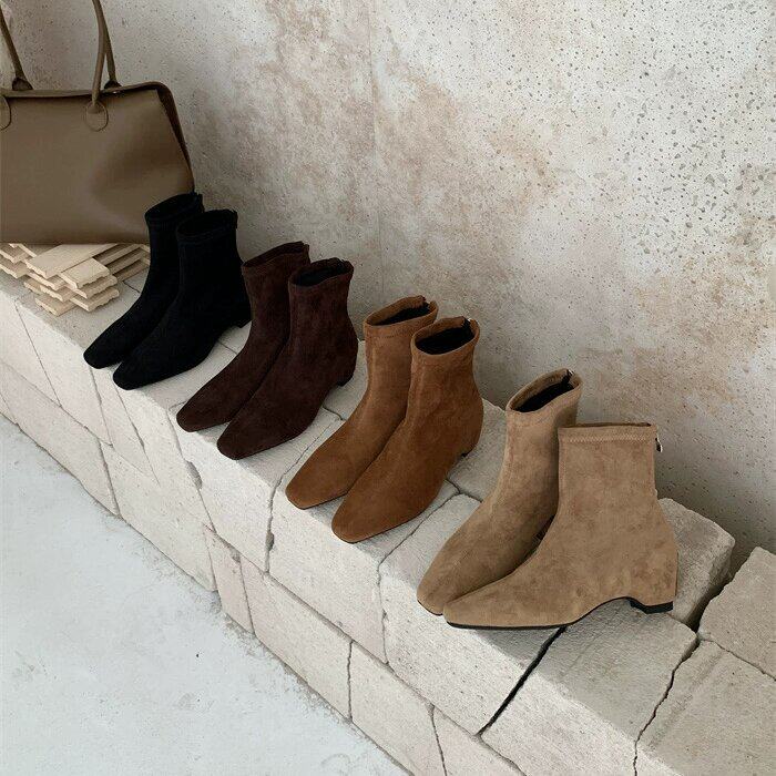 UNIDSN韩版简约小方头粗跟短靴2025秋冬新款气质百搭内增高瘦瘦靴
