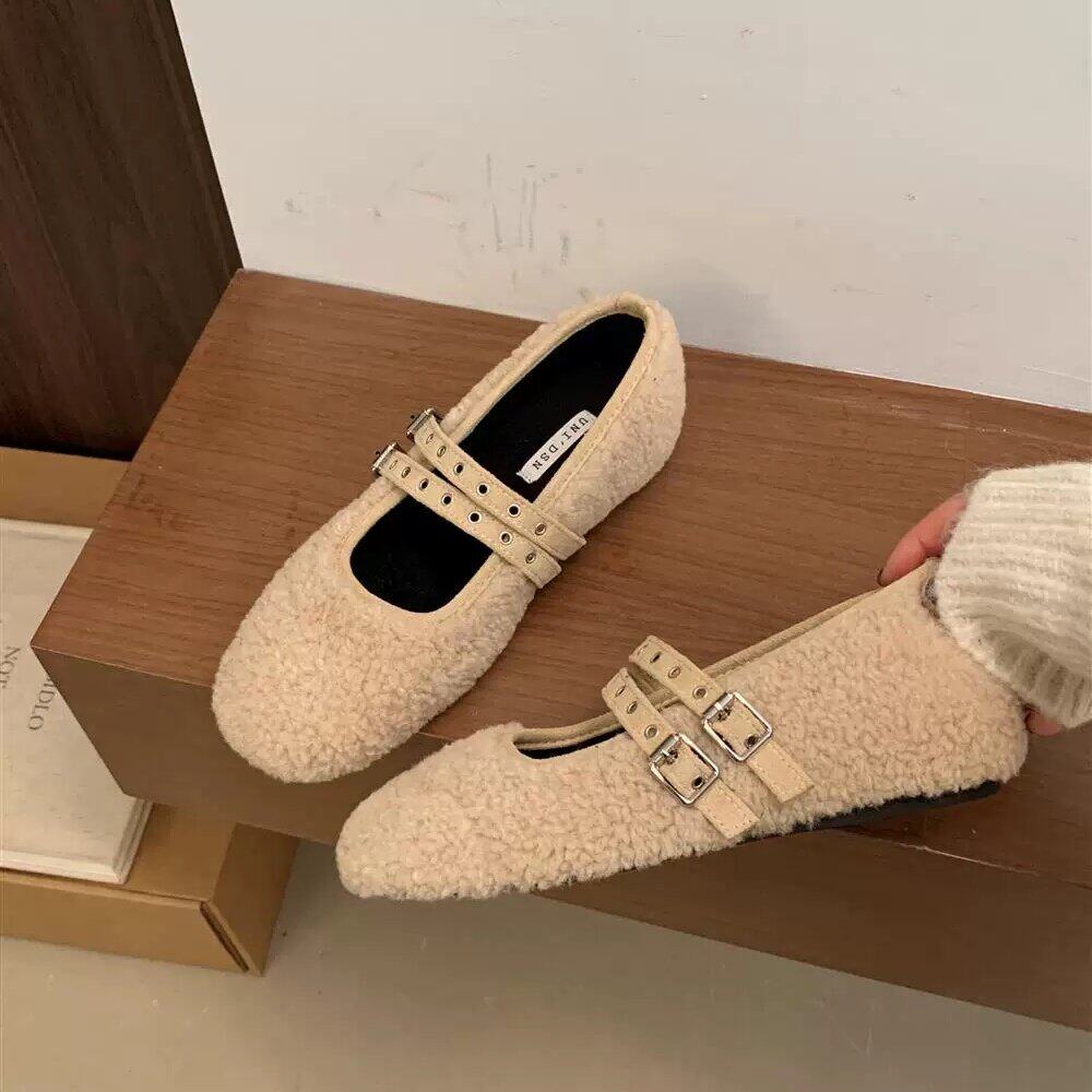 UNIDSN仙女风毛茸茸方头双扣带玛丽珍鞋韩版加绒保暖内增高毛毛鞋