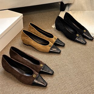 气质轻奢！小香风复古拼接尖头浅口单鞋春季绒面鞋子