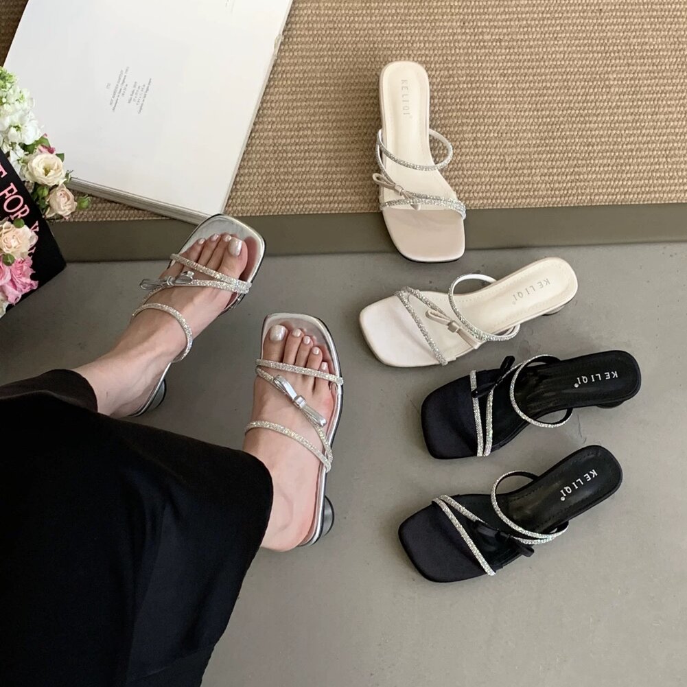 KELIQI闪亮烫钻细带一字露趾低跟拖鞋凉鞋仙女风气质方头粗跟凉拖
