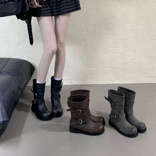 ALILOVER炸街机车靴~复古擦色圆头粗跟短筒骑士靴皮带扣马丁靴女