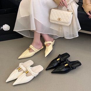 COLORED BEAN MONTH法式尖头包头半拖鞋女外穿猫跟百搭懒人穆勒鞋