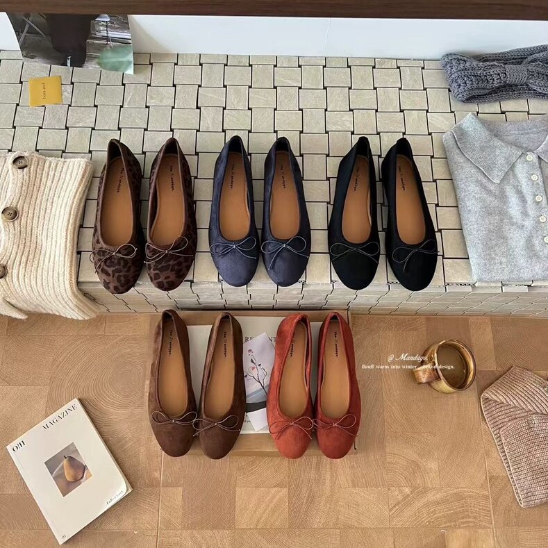 THEMANDAGO芒大果 韩版秋季绒面软底蝴蝶结单鞋百搭圆头芭蕾舞鞋