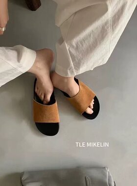 TLEMIKELIN韩系简约风磨砂真皮一字拖鞋女外穿舒适厚底百搭勃肯鞋