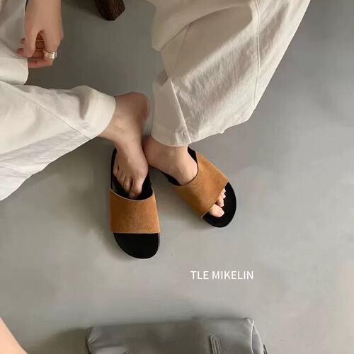 TLEMIKELIN韩系简约风磨砂真皮一字拖鞋女外穿舒适厚底百搭勃肯鞋
