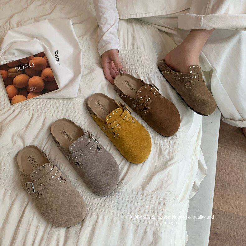 JOJOBASEC 慵懒高级感铆钉搭扣勃肯拖鞋女磨砂皮一脚蹬丑萌懒人鞋