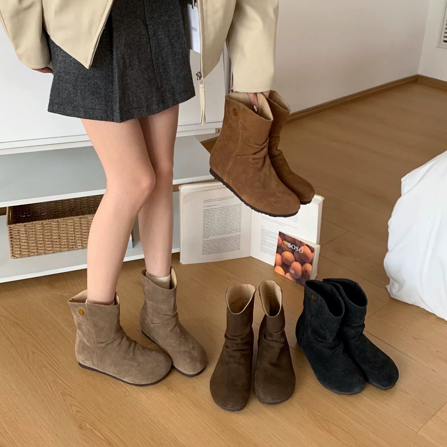 BEILIXUAN内增高5cm褶皱堆堆靴复古真皮圆头厚底勃肯短靴雪地靴女