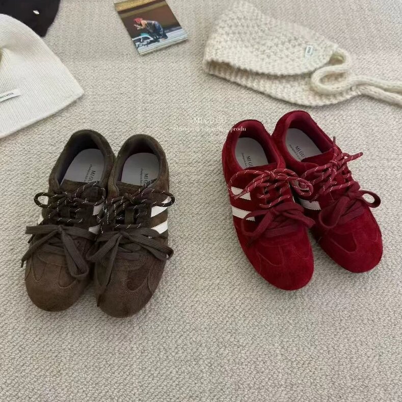 MIGUGU米谷谷复古红色德训鞋女韩系真皮圆头系带内增高阿甘运动鞋