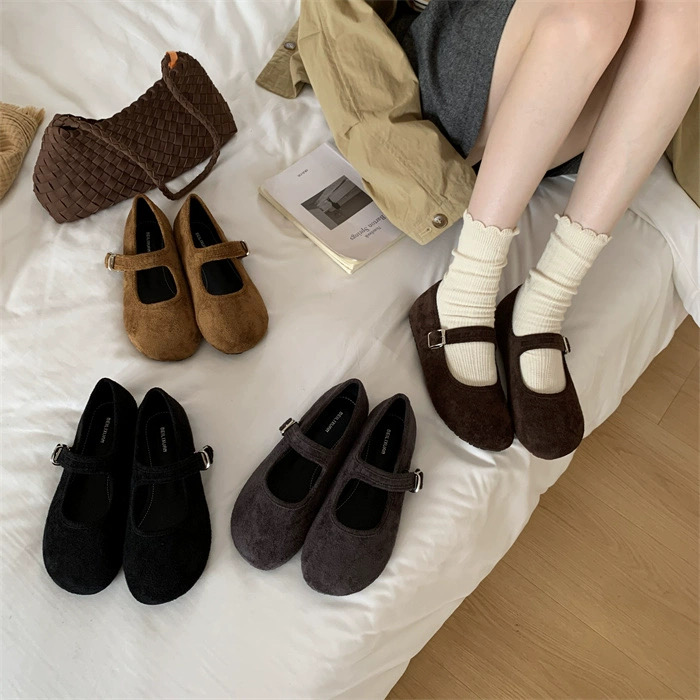 BEILIXUAN 复古绒面圆头一字带玛丽珍鞋法式晚晚风配裙子软底单鞋