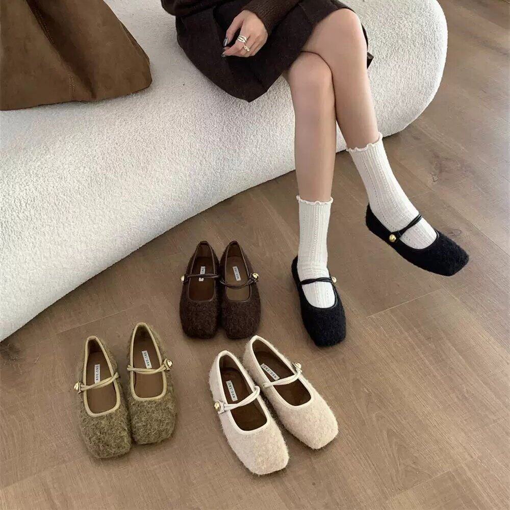 UNIDSN仙女风加绒保暖浅口玛丽珍鞋女冬季方头毛呢温柔平底棉单鞋