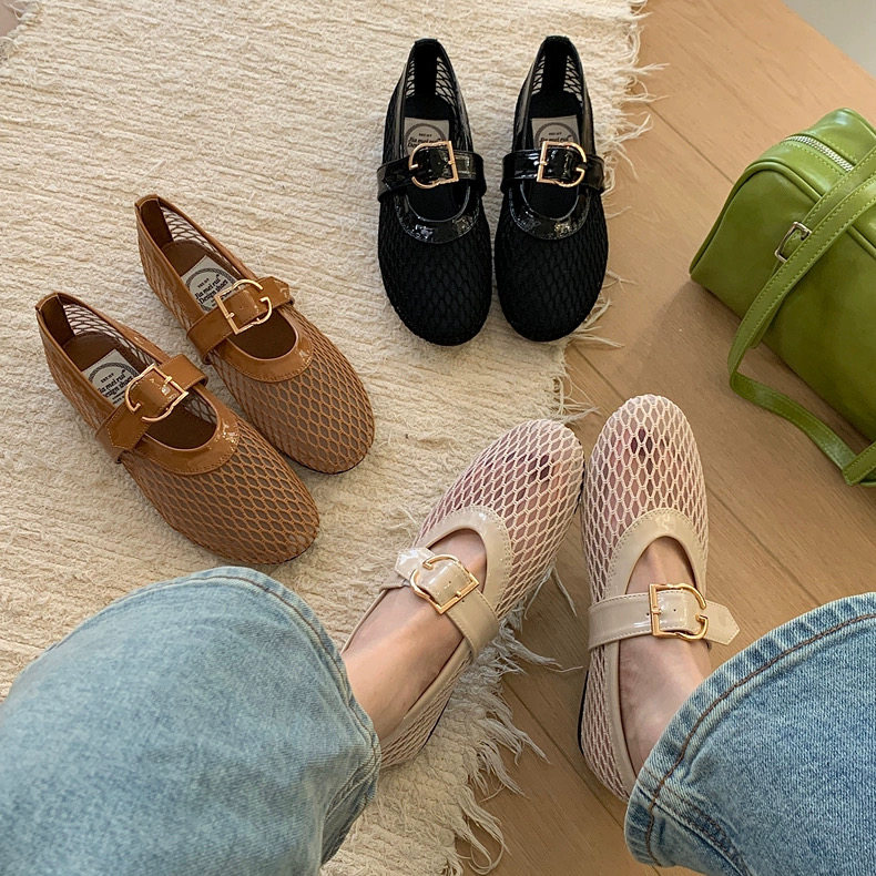 JIA MEI RUI 韩版镂空玛丽珍鞋2026新款一字扣带平底浅口渔网单鞋,女鞋,浅口单鞋,淘宝优惠券,粉丝福利购,淘宝优惠卷